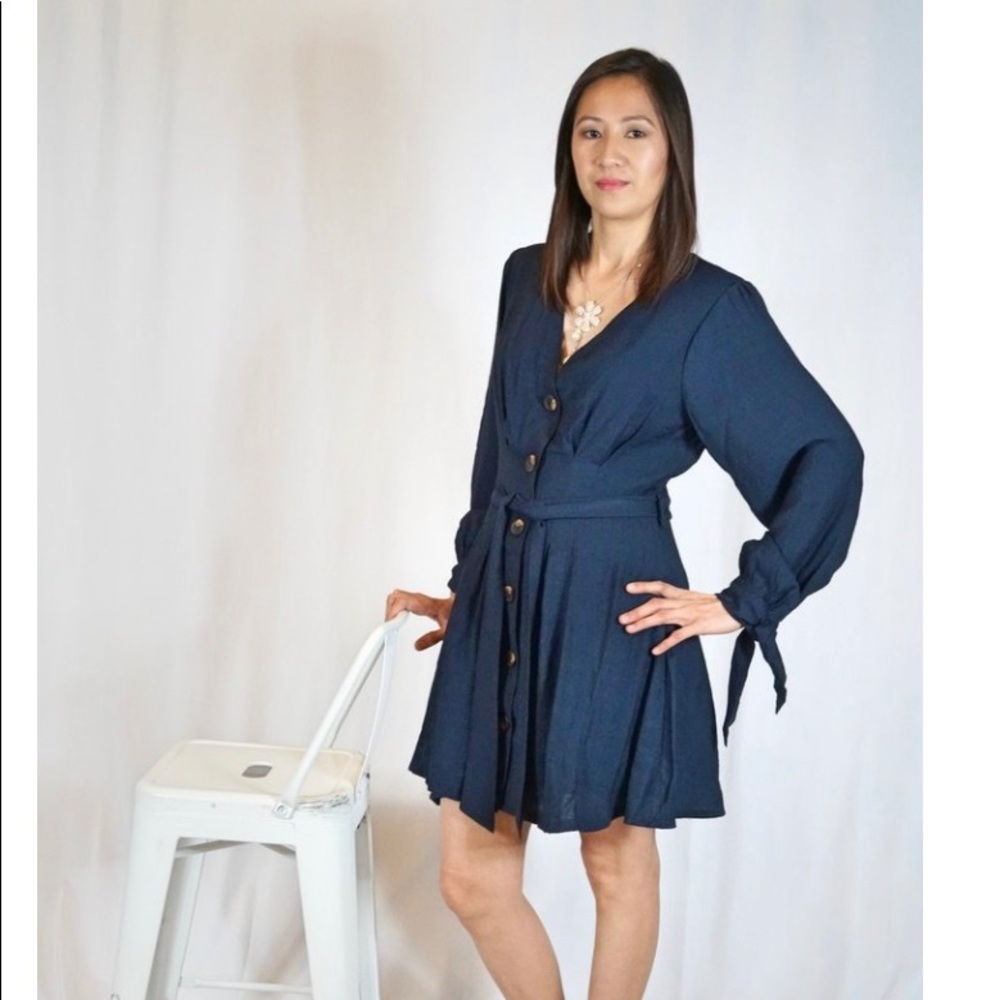 Pleated and Plunging V-neck Dress - Navy NEW!